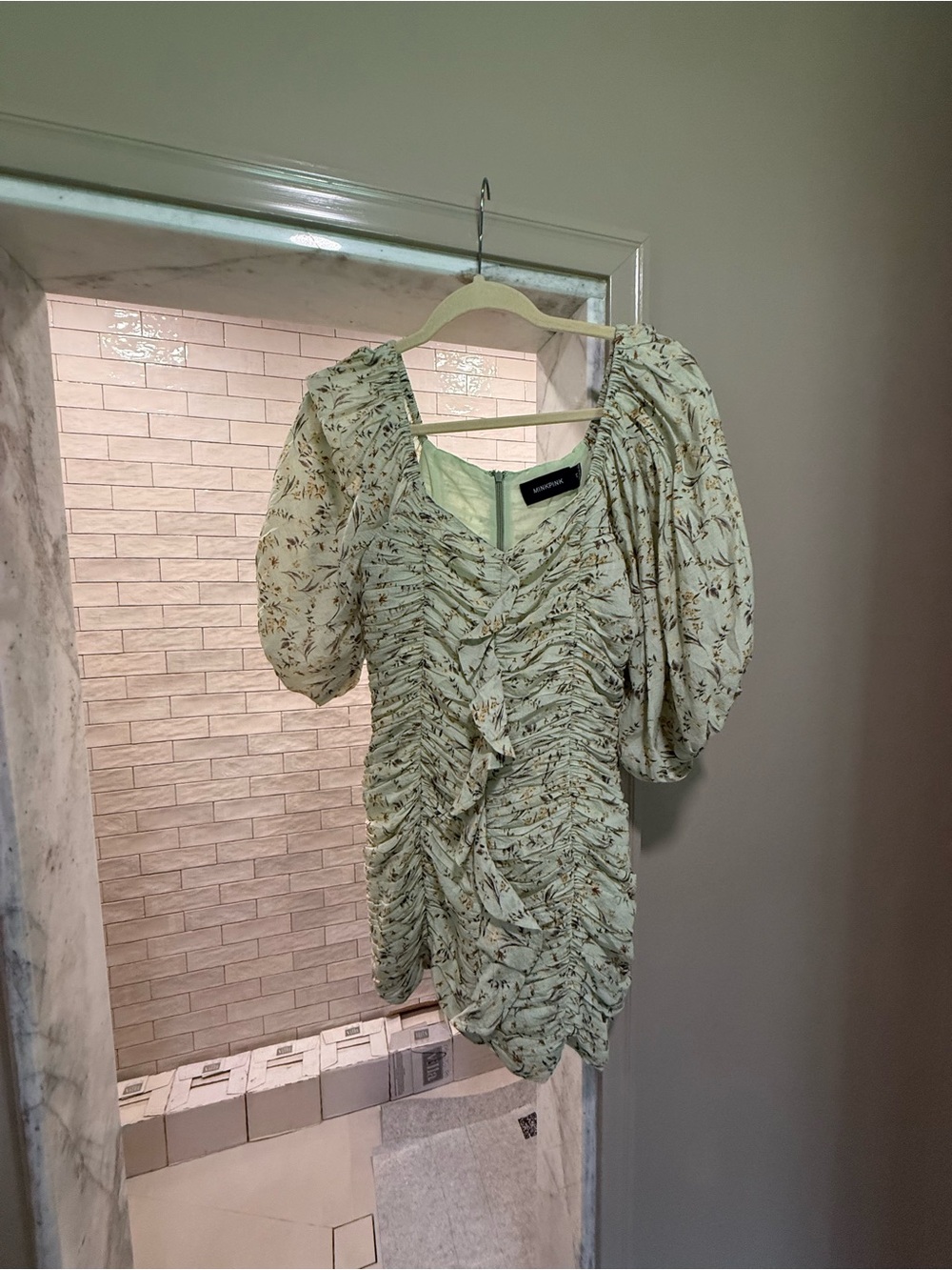 MINKPINK Light Sage Floral Ruched Puff Sleeve Mini Dress